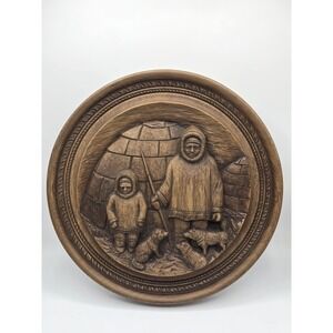 Vintage Karl Rothhammer Inuit Igloo Scene Carved Wood Wall Plaque 14.5" Canada‎